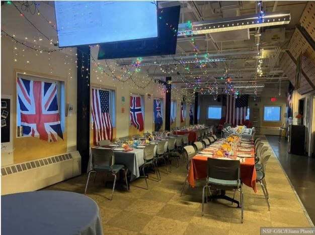 Decorations in the galley for the sunrise dinner. The flags displayed on the windows come from the ceremonial Pole and h