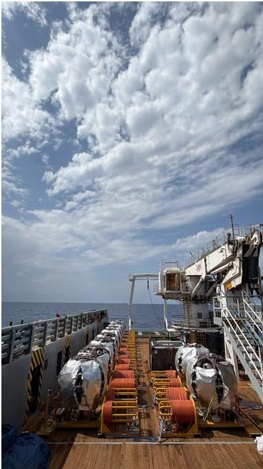The deck of Ievoli Amber loaded with detection units awaiting deployment at the ARCA site.